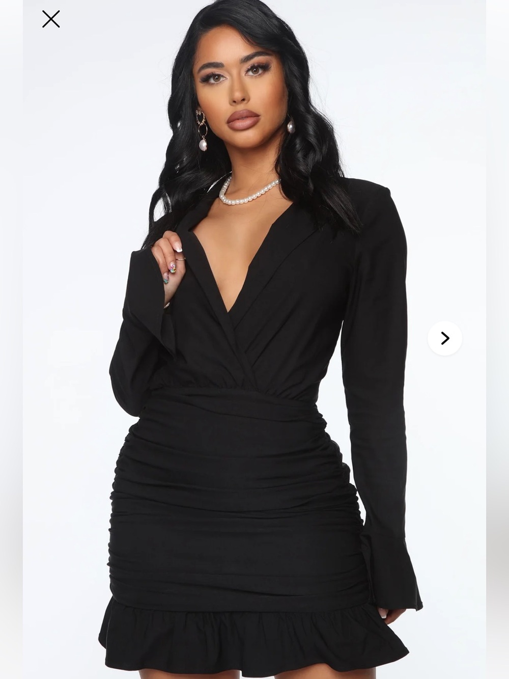 Fashion nova Black Ruched V-Neck Long Sleeve Mini Dress